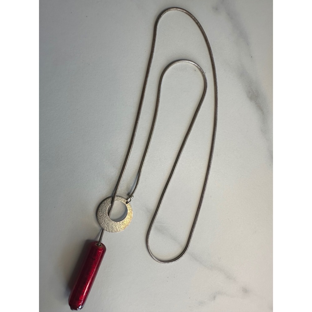 Artisan Red Glass Cylinder Lariat Necklace Silver Tone Hammered Ring Snake Chain